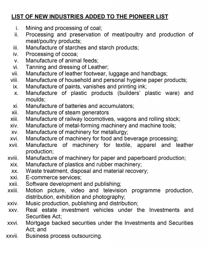 New Additions to Pioneer Status Law